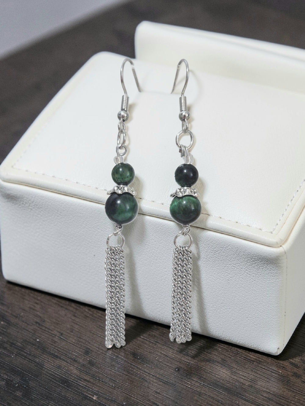Handmade Green Tiger Eye Bead Earrings